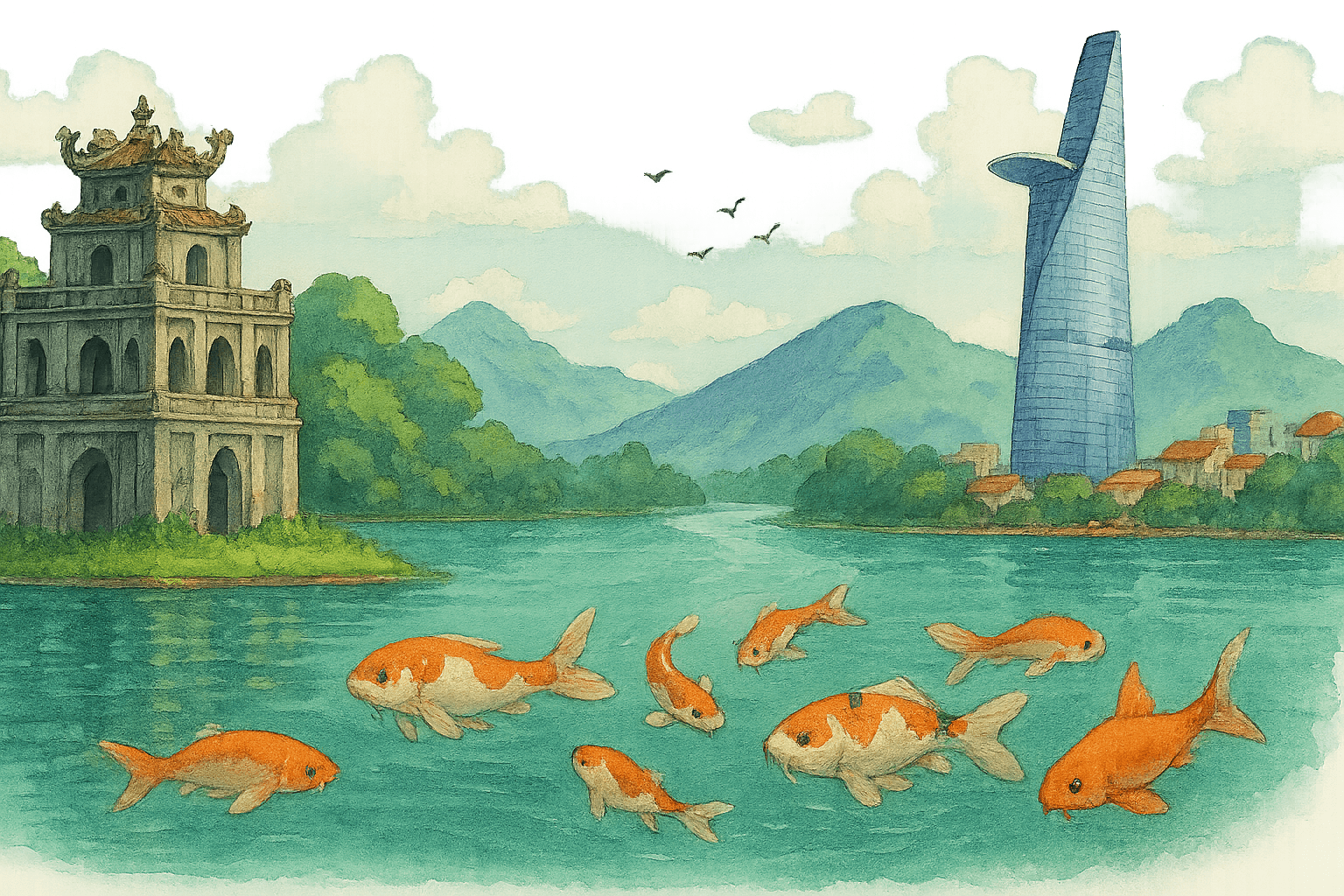 Vietnamese landscape with traditional pagoda and modern buildings